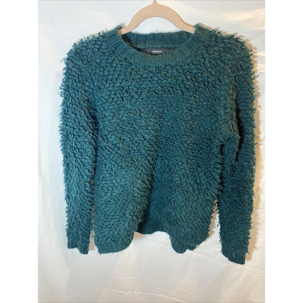 Forever 21 Sweater Womens Small Green Acrylic Shag Fuzzy Pullover Ladies.